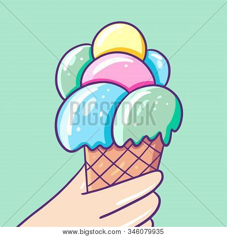 Green, Blue, Pink And Yellow Balls Ice Cream In Waffle Cone. Vector Illustration.