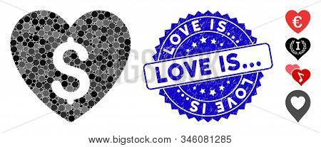 Mosaic Paid Love Icon And Rubber Stamp Watermark With Love Is... Phrase. Mosaic Vector Is Created Wi
