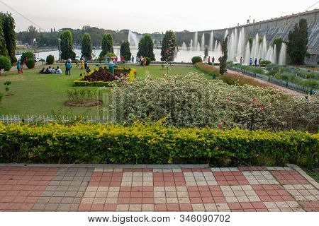 Mysore, Karnataka / India - January 01 202: Beautiful Flowers And Water Fountains In Brindavan Garde