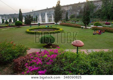 Mysore, Karnataka / India - January 01 2020: Beautiful Landscaped Garden With Water Fountains In Bri