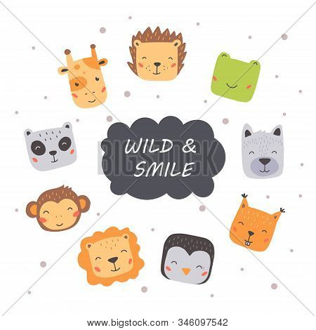 Set Of Cute Wild Animals Faces, Bear, Lion, Panda, Rabbit, Fox. Isolated Vector Illustration Animals
