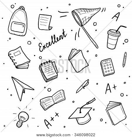 Hand Drawn Set Of College, School Study Element And Good Grades. Concept Of Excellent Grades, Educat