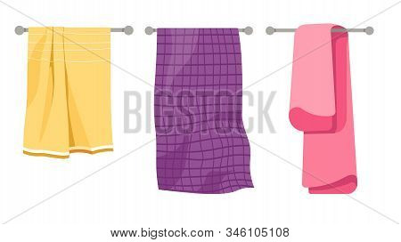 Towels On Holder, Cotton, Waffer And Terry Textile, Isolated Icons