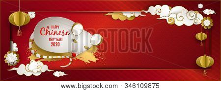Happy Chinese New Year 2020 Of Rat. Banner: White And Gold Mouse, Clouds, Lanterns, Flowers On Red B