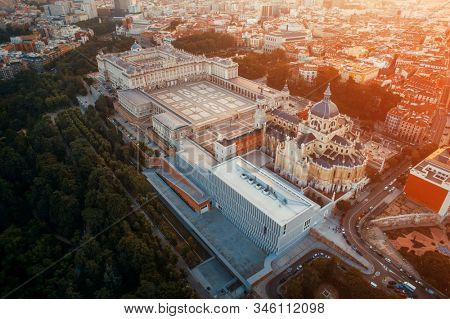 Royal Palace aerial view at sunrise in Madrid, Spain.