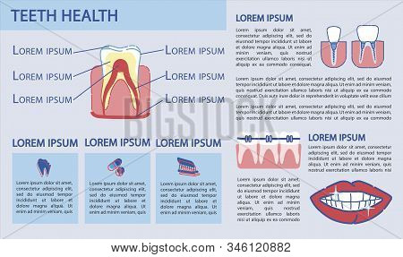 Flat Illustration Inscription Teeth Health, Slide. Tooth Decay And Improper Oral Care. Installation 