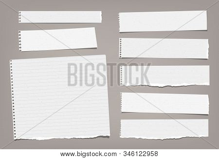 Torn White Blank And Lined Note, Notebook Paper Strips, Pieces And Sheeds Stuck On Brown Background.