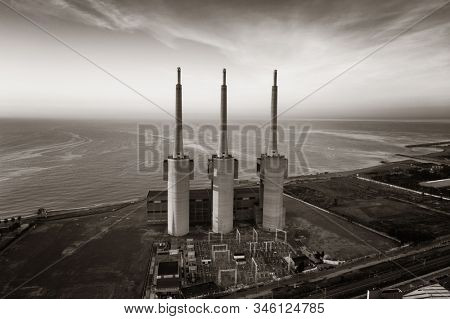 Besos thermic power plant aerial view in Barcelona coast Spain.