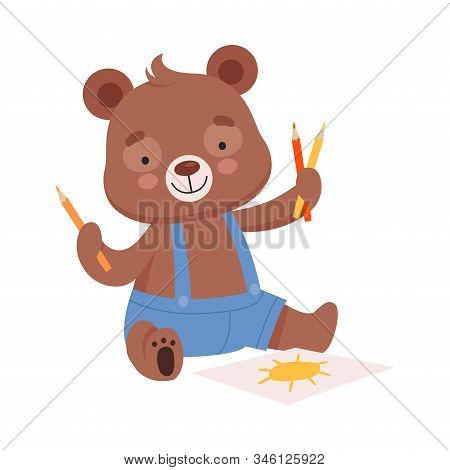 Cheerful Bear Character Wearing Playsuit Drawing Sun With Colored Pencils Vector Illustration