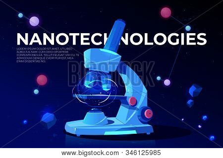Nanotechnologies Cartoon Conceptual Banner, Poster With Lab Microscope And Micro World Elementary Pa
