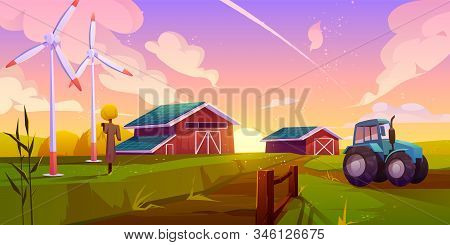 Smart And Organic Farming, Future Ecological Agriculture Cartoon Concept With Tractor Going On Rural