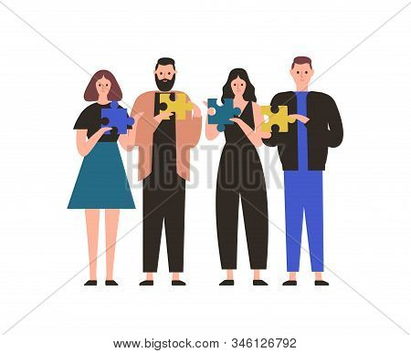 People Holding Jigsaw Puzzle Flat Vector Illustration. Business Team Collaboration, Employees Cowork