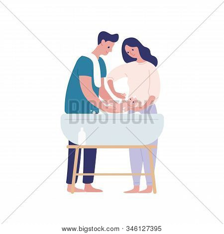 Mother And Father Bathing Baby Flat Vector Illustration. Parenting, Family Together Isolated On Whit