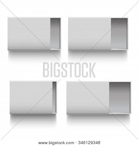 Realistic Detailed 3d White Blank Cardboard Sliding Drawer Box Empty Template Mockup Set For Busines