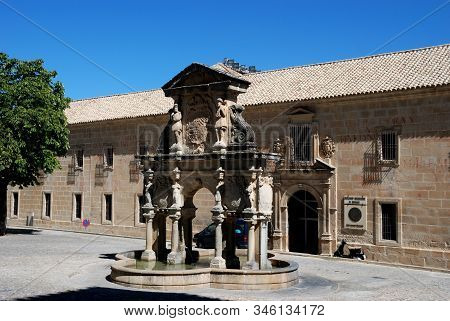 Baeza, Spain - July 28, 2008 - View Of The Santa Maria Fountain With St Philip Neri Seminary Univers