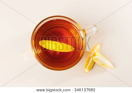 Flat Lay Composition With Glass Cup Of Black Tea With Lemon Slice. Mug Of Tea For Breakfast. Flat La