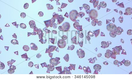 Diamond Rain, Falling Diamonds With Ideal Cut On Blue Background, 3d Rendering