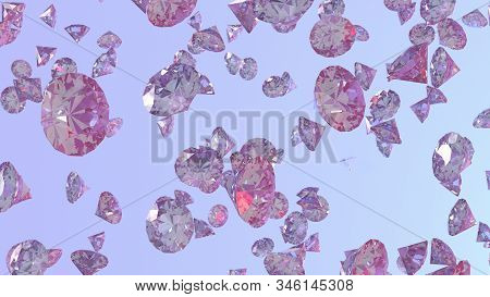 Diamond Rain, Falling Diamonds With Ideal Cut On Blue Background, 3d Rendering