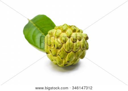 Sugar Apple Or Custard Apple With Green Leaf Isolated On White Background