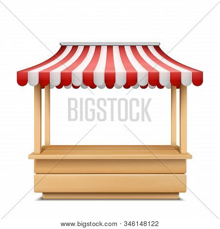 Realistic Illustration Of Empty Market Stall With Red And White Striped Awning Isolated On Backgroun