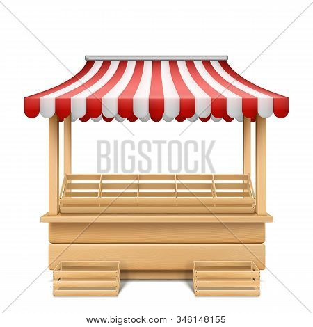 Realistic Illustration Of Empty Market Stall With Red And White Striped Awning Isolated On Backgroun