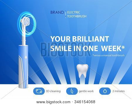 3d Realistic Toothbrush On Ad Poster. Promo Banner With Hygiene Product. Dentist Equipment, Modern E