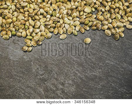 Cannabis, Marijuana, Legal Light Drugs Prescribe, Alternative Remedy. Hemp Seeds. Top View For Deskt