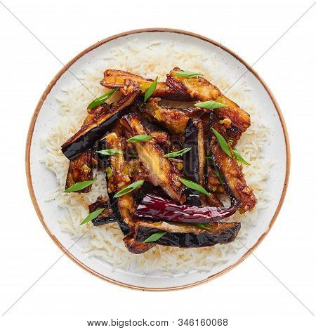Sichuan Eggplant Stir Fry Isolated At White Background. Eggplant Stir Fry Is Chinese Cuisine Dish Wi