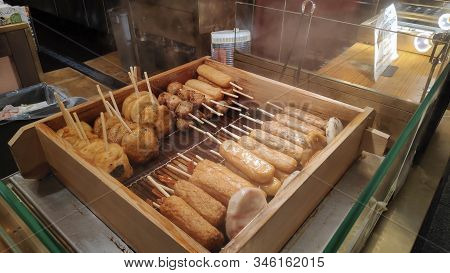 Kyoto, Japan- 26 Nov, 2019: Japan Cuisine - Oden Food For Sale In Nishiki Market, Kyoto. Typical Jap