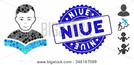 Mosaic Student Icon And Distressed Stamp Watermark With Niue Text. Mosaic Vector Is Created With Stu