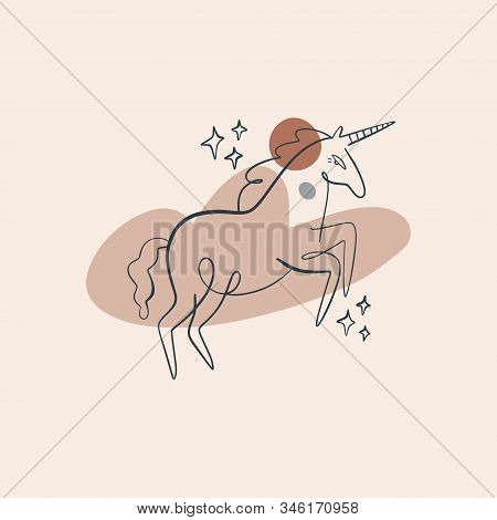 Terracotta Beige Blush Mid-century Cute Line Art Unicorn Poster Vector