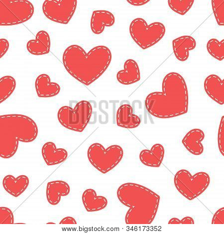 Hand Drawn Retro Hearts Seamless Pattern. Vector Repeat Texture. Scribble Red Hearts With Dash Strok