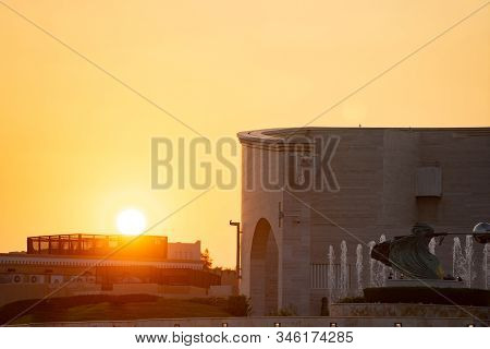 Katara Cultural Village At Sunset With Multi Purpose Hall Amphitheater. Katara Multi-purpose Hall. D
