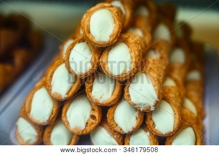 Sweet Italian Desssert, Pile Of Cannoli Pastry Filled With Ricotta Cream Cheese Close Up