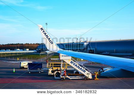 Modlin, Poland - November 17, 2019: Preparing For Boarding To Ryanair Plane In Warsaw Modlin Airport