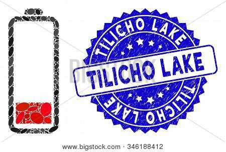 Mosaic Low Battery Level Icon And Distressed Stamp Watermark With Tilicho Lake Phrase. Mosaic Vector