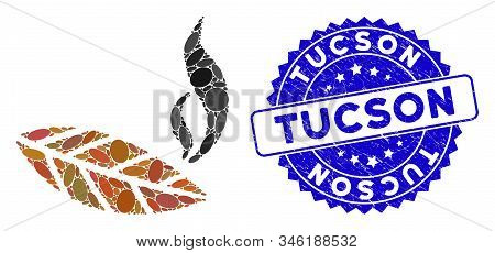 Mosaic Smoking Tobacco Leaf Icon And Rubber Stamp Seal With Tucson Phrase. Mosaic Vector Is Formed F