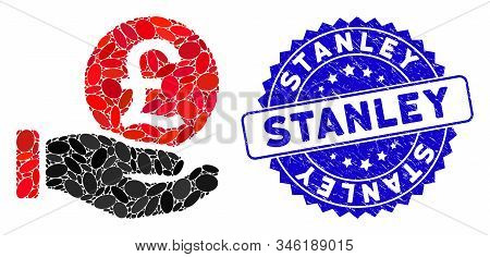 Mosaic British Pound Coin Payment Icon And Grunge Stamp Watermark With Stanley Caption. Mosaic Vecto