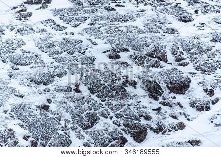 Snow Covered And Wind Swept Rocks On The Side Of A Mountain During A Storm. A Bird Finds Some Refuge