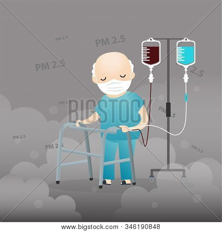 Old Man And Doctor Cough With Dirty Lung Because Pm2.5 Air Poll. Old Man And Doctor Wearing Air Poll