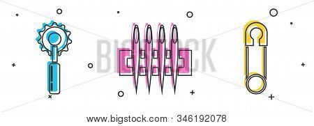Set Cutter Tool, Needle For Sewing And Classic Closed Steel Safety Pin Icon. Vector