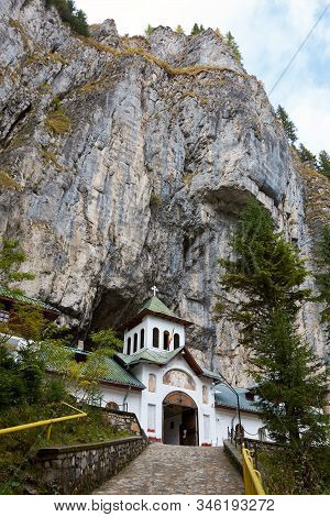 Ialomita Cave Monastery Is Located In Moreni Commune, In The Bucegi Mountains, Romania. The Monaster