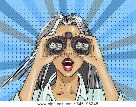 Pop Art Surprised Woman With Binoculars With A Dollar Sign, Open Mouth, Surprised Facial Expression.