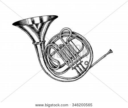 Jazz French Horn In Monochrome Engraved Vintage Style. Hand Drawn Trumpet Sketch For Blues And Ragti