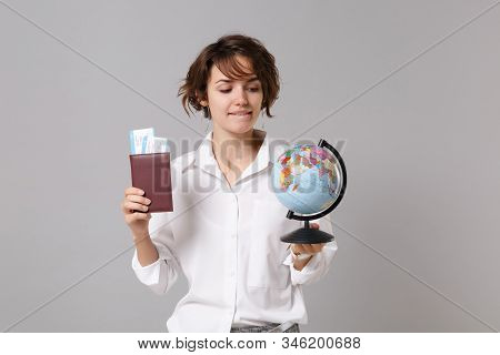 Pretty Young Business Woman In White Shirt Posing Isolated On Grey Wall Background. Achievement Care