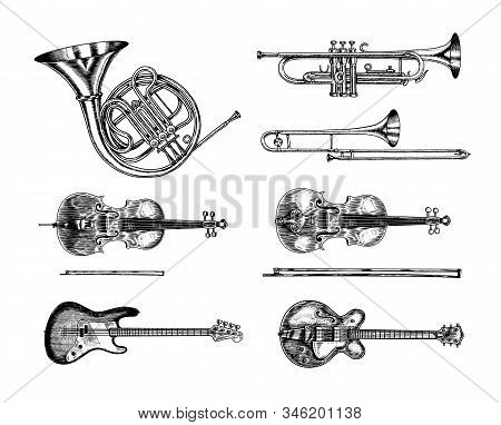 Jazz Classical Wind And Stringed Instruments Set. Musical Trombone Trumpet Flute Bass Guitar Semi-ac