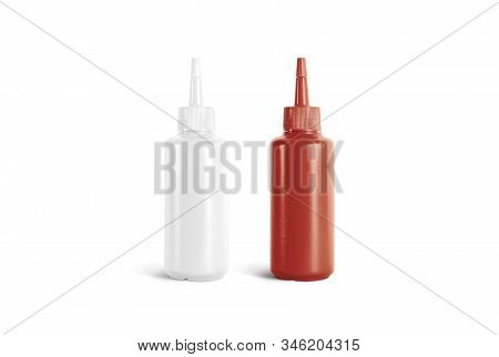 Blank White And Red Squeeze Sauce Bottle Mockup, Isolated