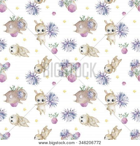 Easter Seamless Pattern Design With Bunnies Cute Watercolor Colorful Illustration With Blue Flowers 