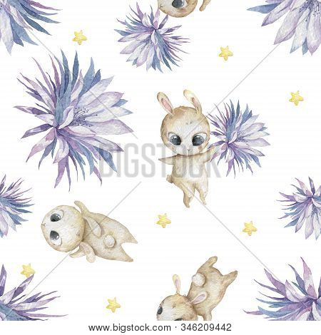 Easter Seamless Pattern Design With Bunnies Cute Watercolor Colorful Illustration With Blue Flowers 