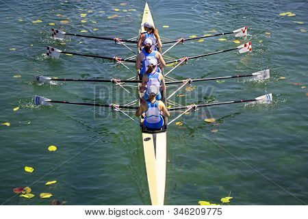 Women's Quadruple Rowing Team On Green Lake